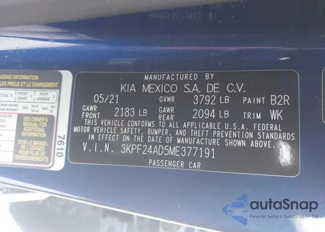 2021 Kia Forte Lxs z USA, uszkodzony, nr VIN 3KPF24AD5ME377191